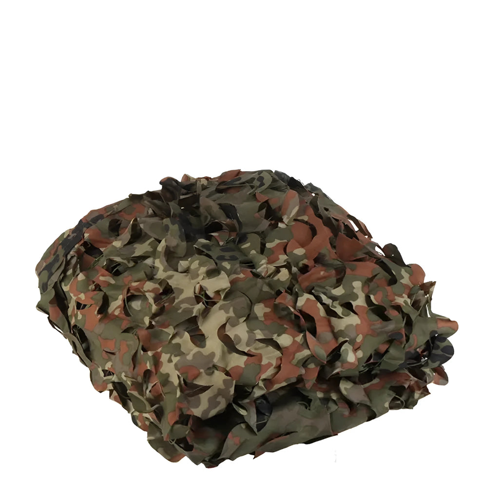 Green camouflage cover net deployed for outdoor concealment with multiple pattern options