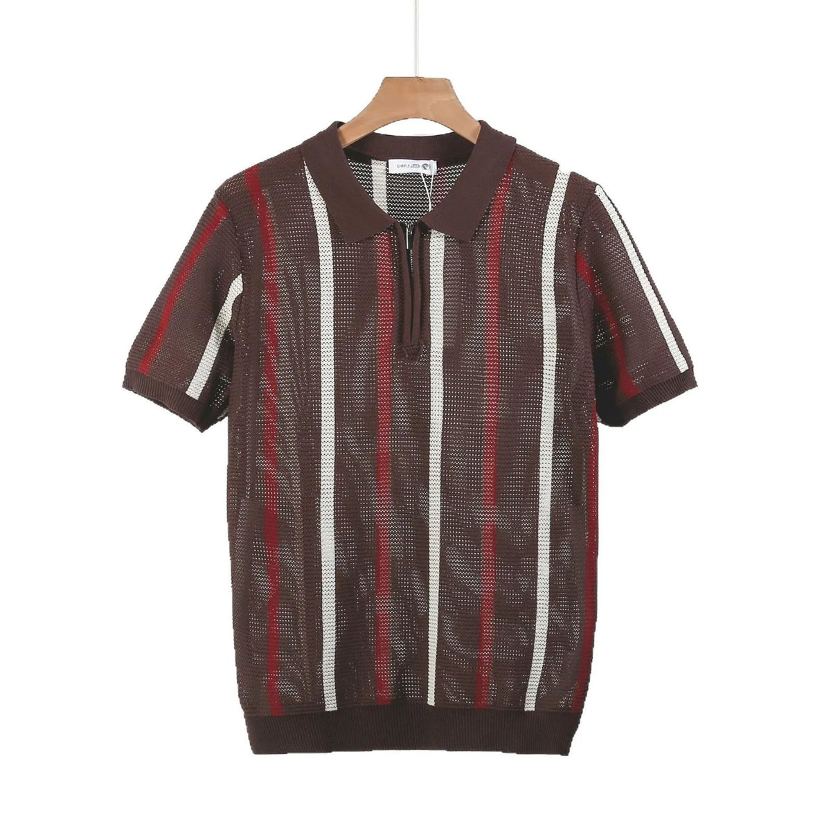 Men's black short-sleeved polo shirt with hollow mesh knitting and a silver zipper decoration on the front.