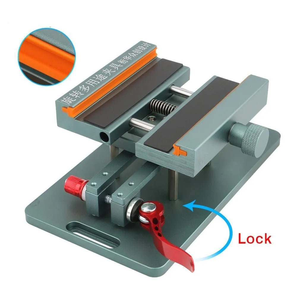 Mobile phone repair fixture with adjustable grip and silicone padding for glass cover removal