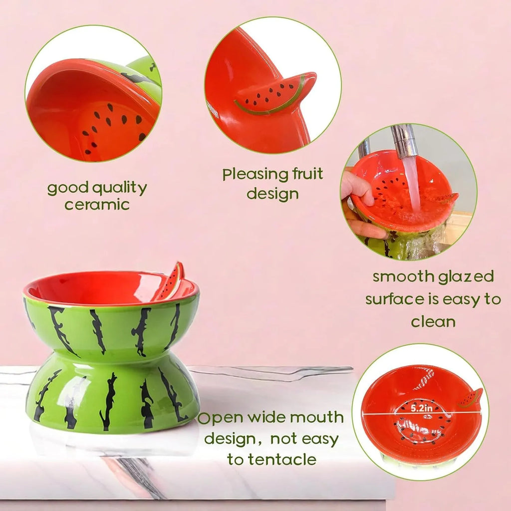 Ceramic elevated cat bowl in orange, pitaya, or watermelon pattern with a tilted, wide design.