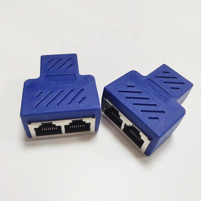 RJ45 network cable splitter in multiple colours showing tee adapter design with three ports