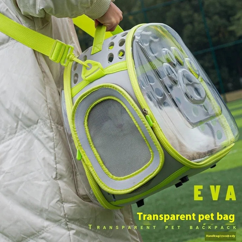 Hard EVA transparent space capsule cat backpack in large 42cm size with grass green colour option
