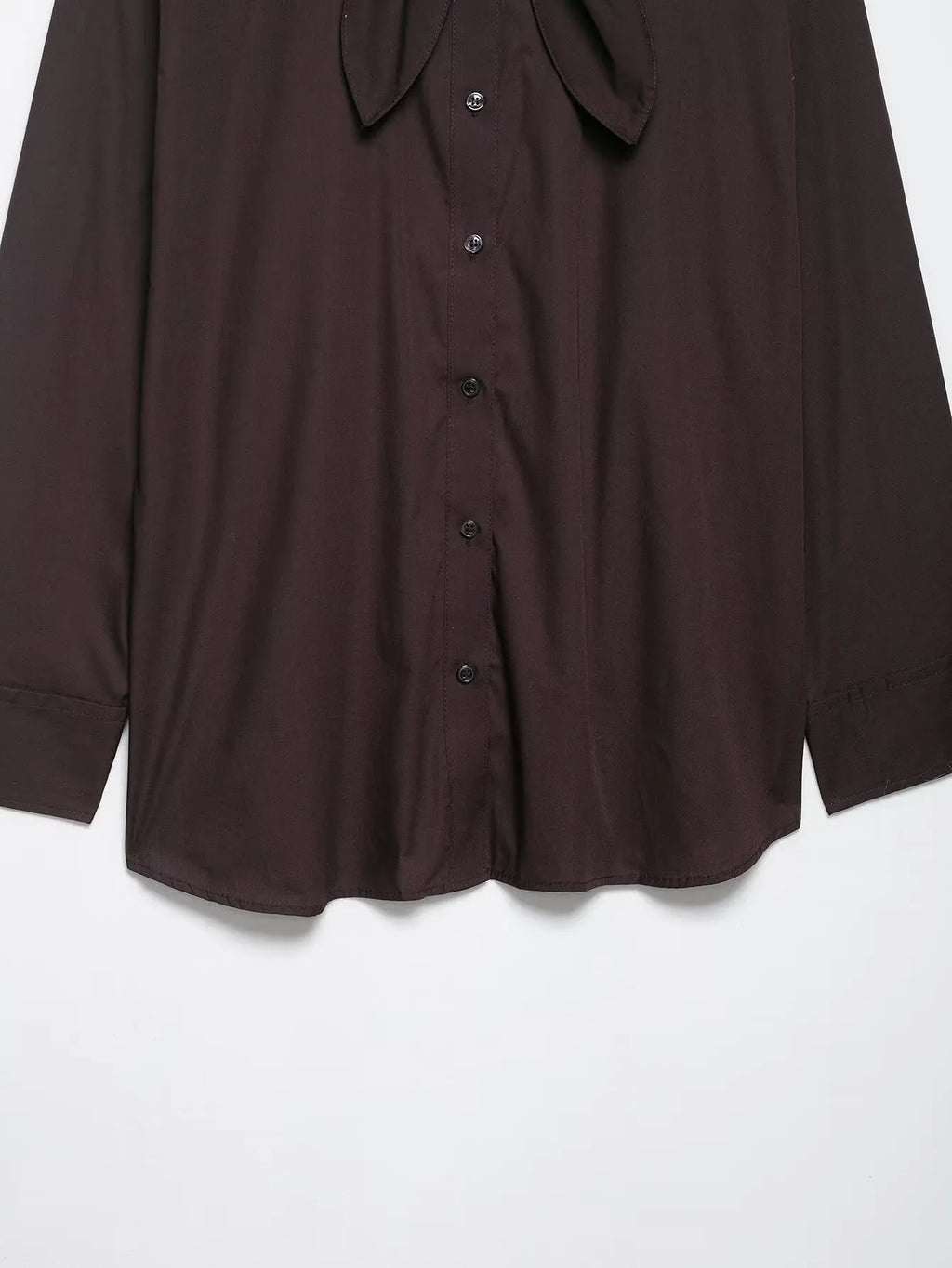 Brown women's shirt with long sleeves and bow tie collar in polyester poplin fabric
