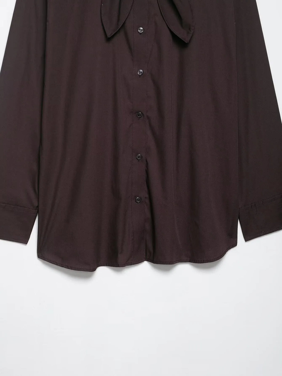 Brown women's shirt with long sleeves and bow tie collar in polyester poplin fabric