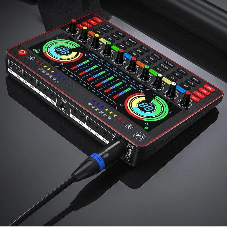 Professional G4 sound card set with colour LCD display, multiple control knobs, and included microphone.