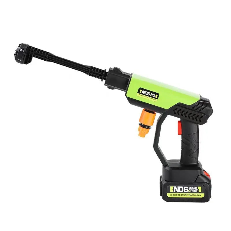 Green wireless high-pressure water gun with metal head and six-in-one nozzle, shown with extension rod and foam pot accessories.