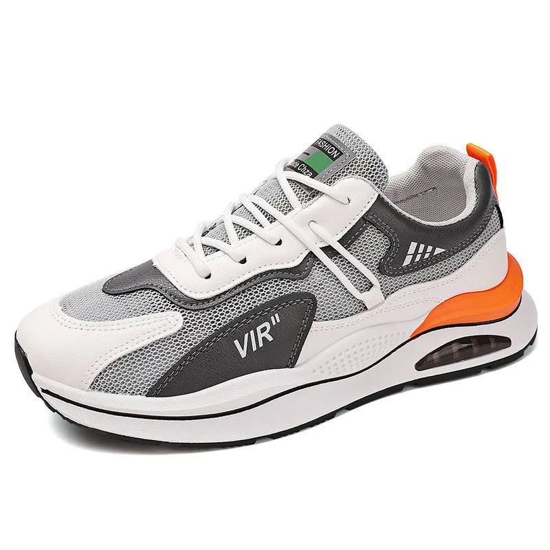 Men's grey mesh running shoes with round toe and EVA sole for summer jogging