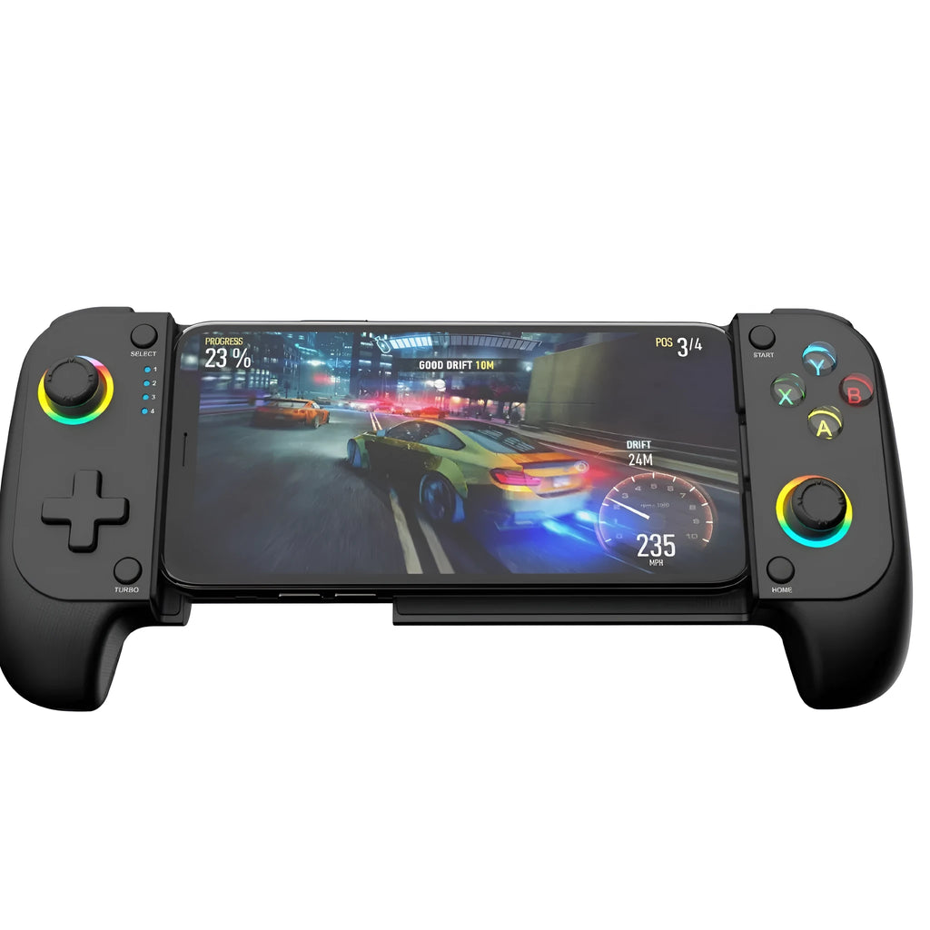 Bluetooth wireless mobile gaming controller for Android and iOS smartphones in black, red and blue, or white colours