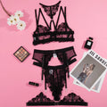 Black women's embroidery stitching mesh bra bikini set with three-point style