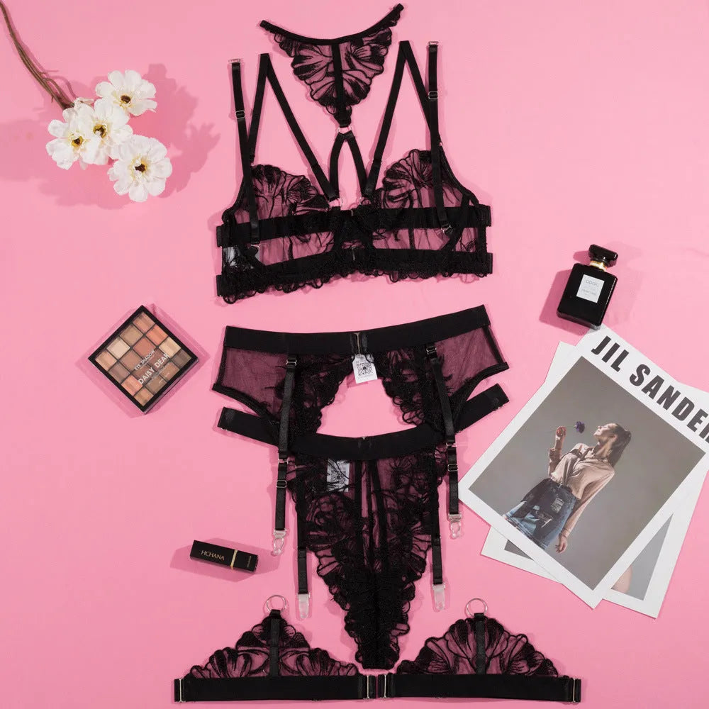 Black women's embroidery stitching mesh bra bikini set with three-point style