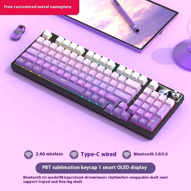 White screen version 98-key wireless mechanical keyboard kit with metal knob on desk