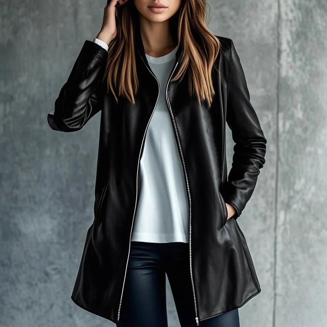 Black women's leather-style jacket medium length with long sleeves on hanger