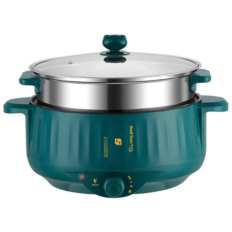 Stainless steel electric cooking pot with non-stick interior and integrated heating element