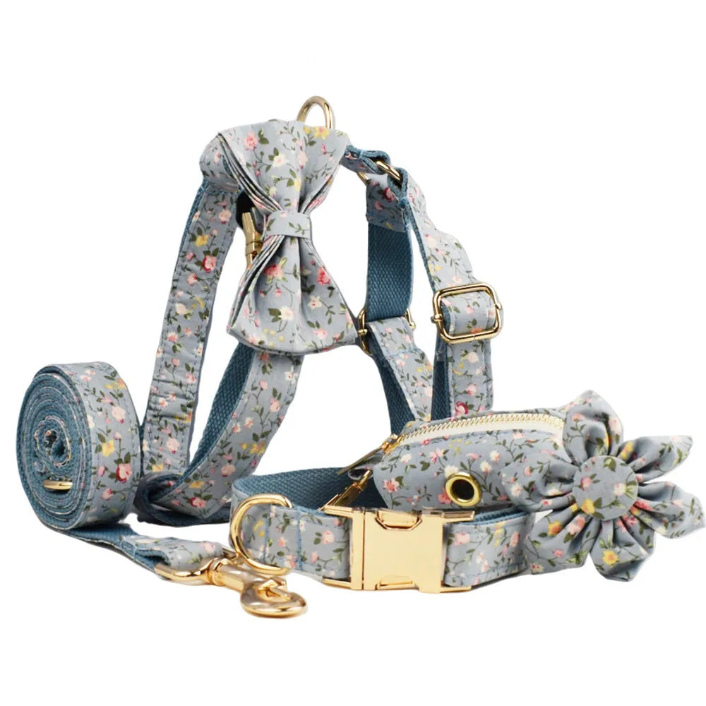 Floral patterned dog collar set with matching leash and vest for pet accessories