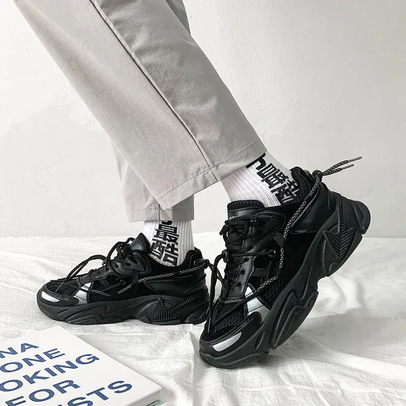 Men's white Korean style platform dad shoes with front lace-up closure on a neutral background.