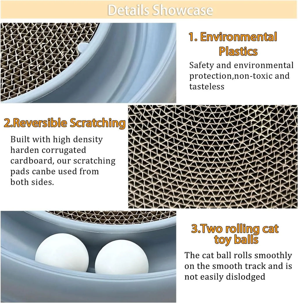 Round cat scratching board with ball track, 16 inch base, 11 inch reversible pad, Blue Gray Green or Purple.
