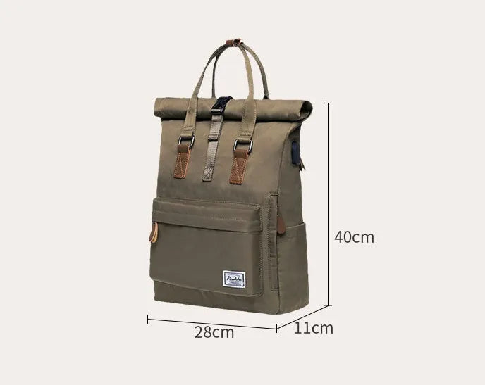 Casual polyester backpack with cover opening showing internal computer pocket and zipper pocket organisation
