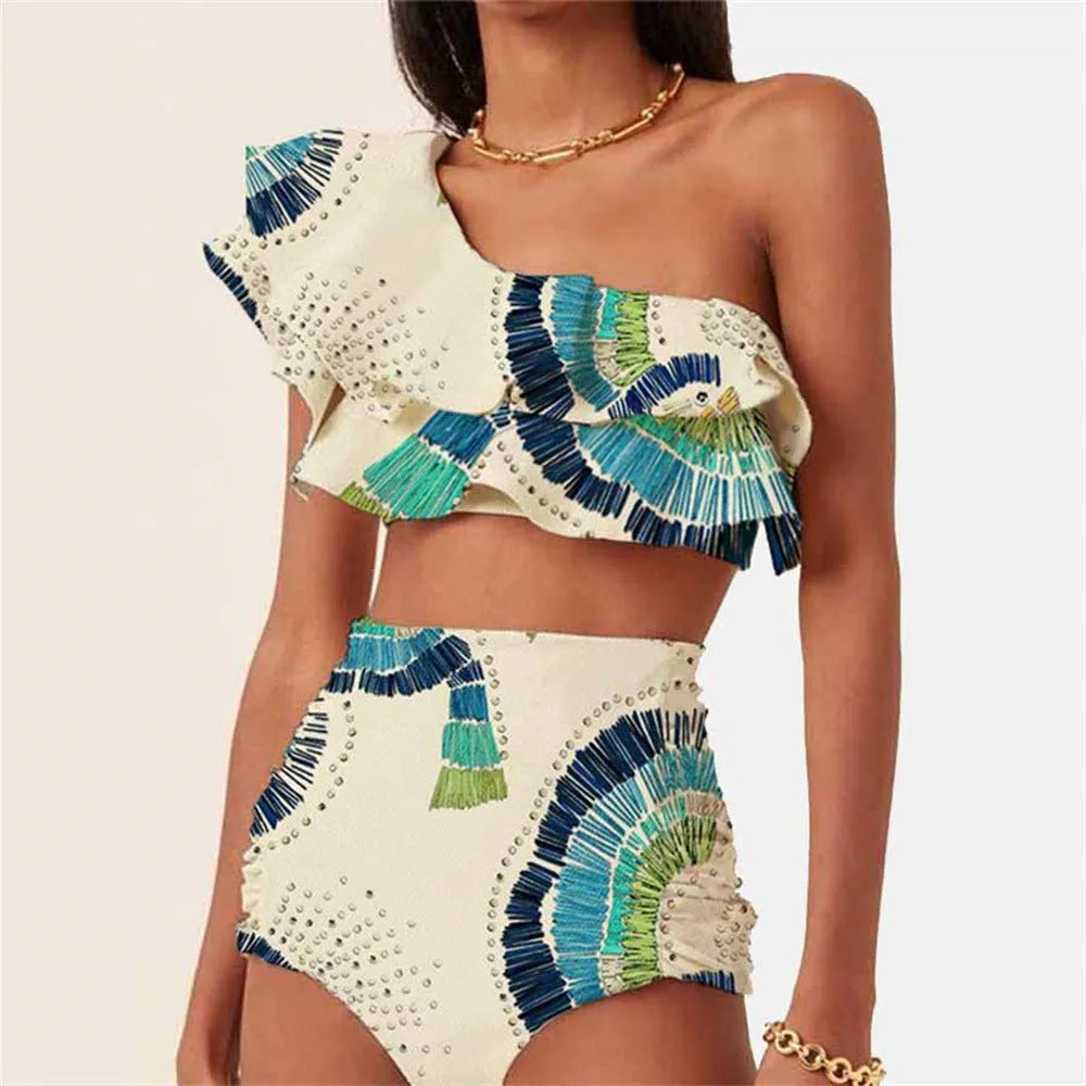 White women's one-shoulder swimsuit with large lotus leaf design and side split