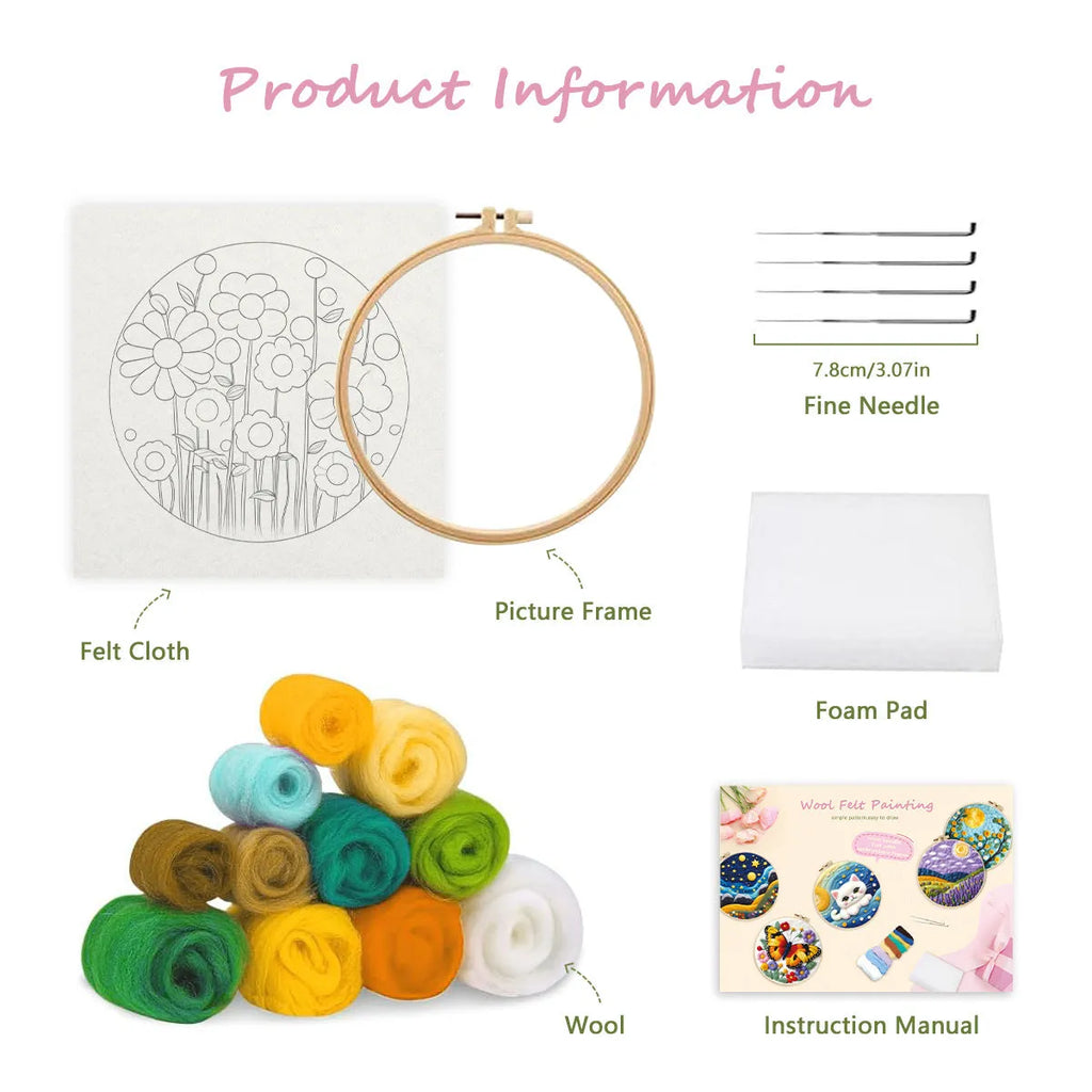 Round linen embroidery kit with wool felt pieces and a 20cm hoop for 3D blanket painting.