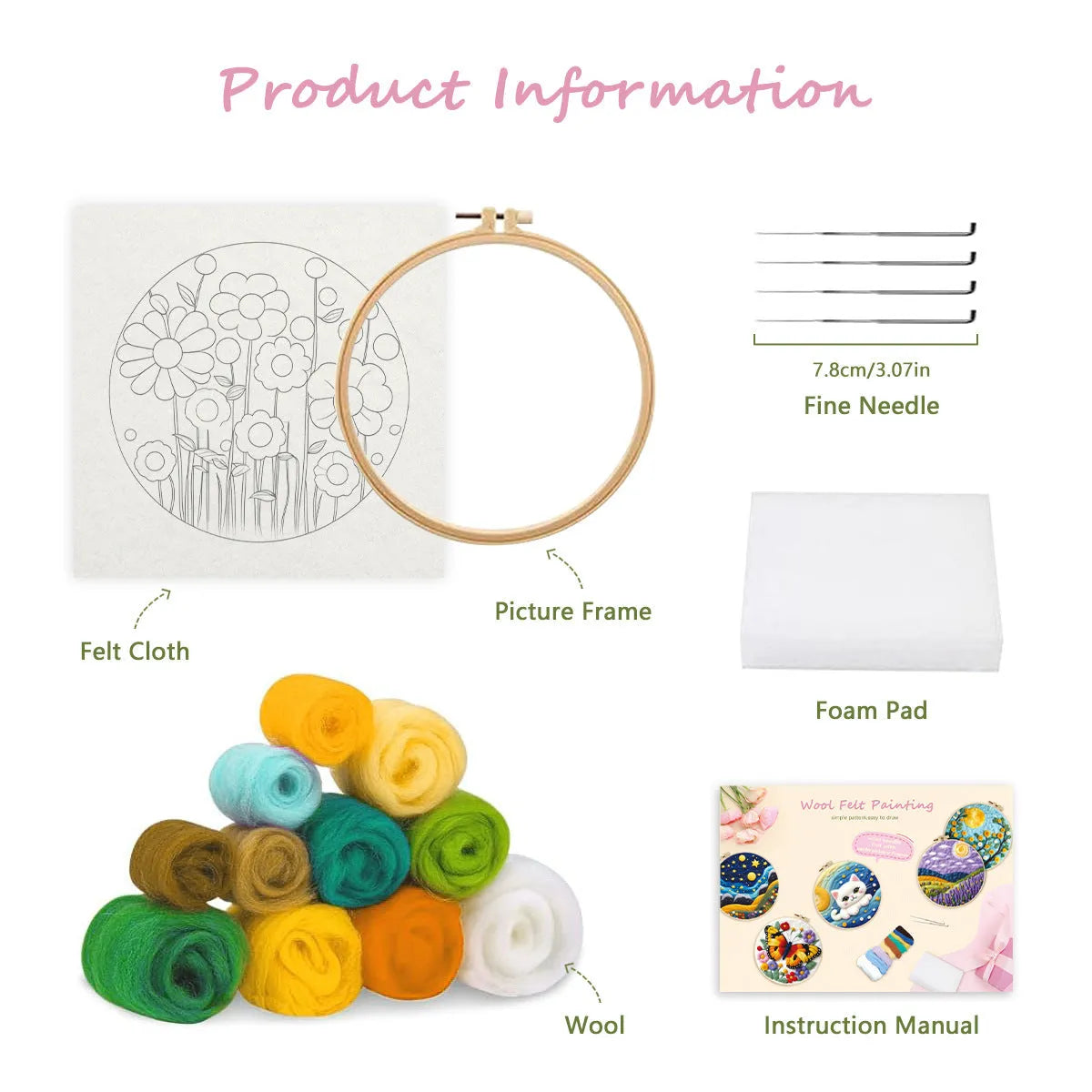Round linen embroidery kit with wool felt pieces and a 20cm hoop for 3D blanket painting.