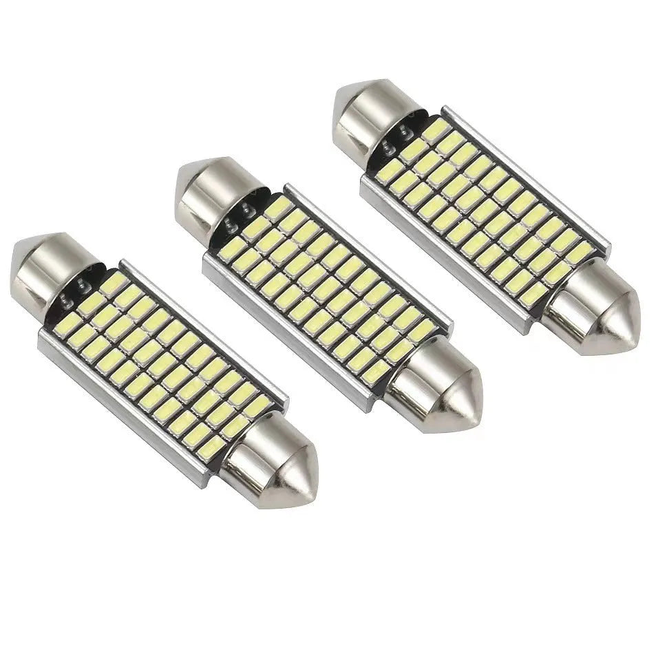 White aluminium car interior LED light with double tip design, shown with four size options.