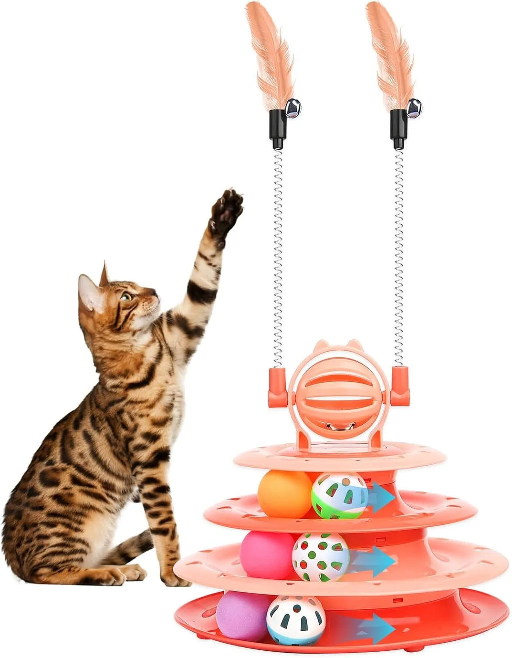 Blue 4-tier interactive cat toy with balls and teasing rods on a non-slip base.