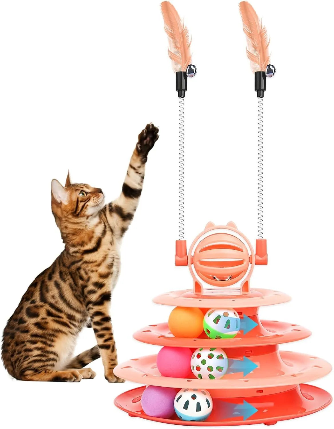 Blue 4-tier interactive cat toy with balls and teasing rods on a non-slip base.