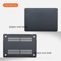 MacBook protective case in crystal transparent and frosted black shell options on a laptop.