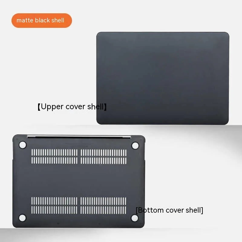 MacBook protective case in crystal transparent and frosted black shell options on a laptop.