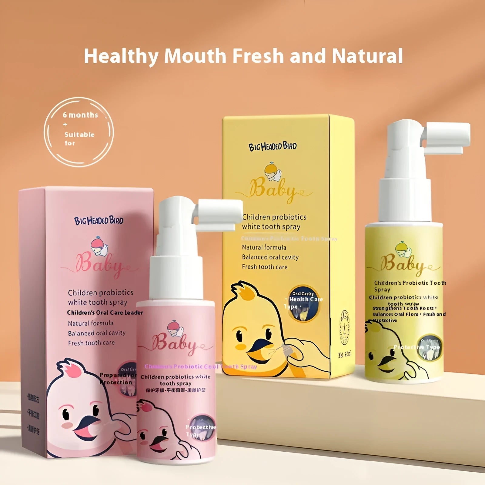 Children's probiotic teeth cleaning spray bottle in strawberry or orange flavour, 40ml oral care product