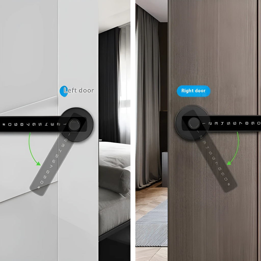 Black single handle smart door lock for wooden interior doors with fingerprint scanner and keypad.