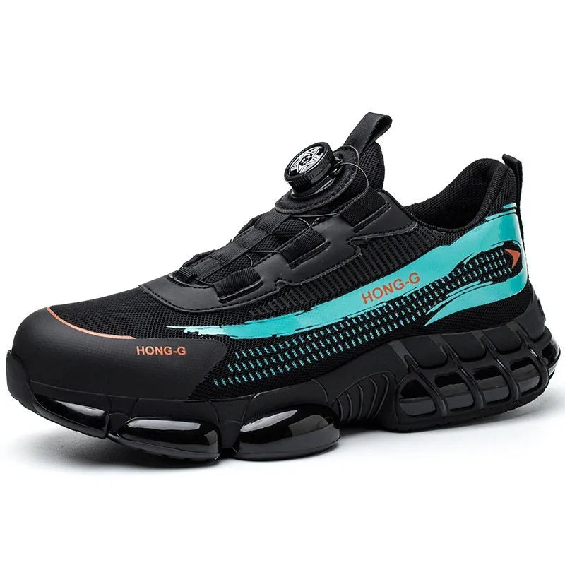 Lightweight black anti-smash work shoes with a steel toe cap and breathable Flyweave upper on a worksite.