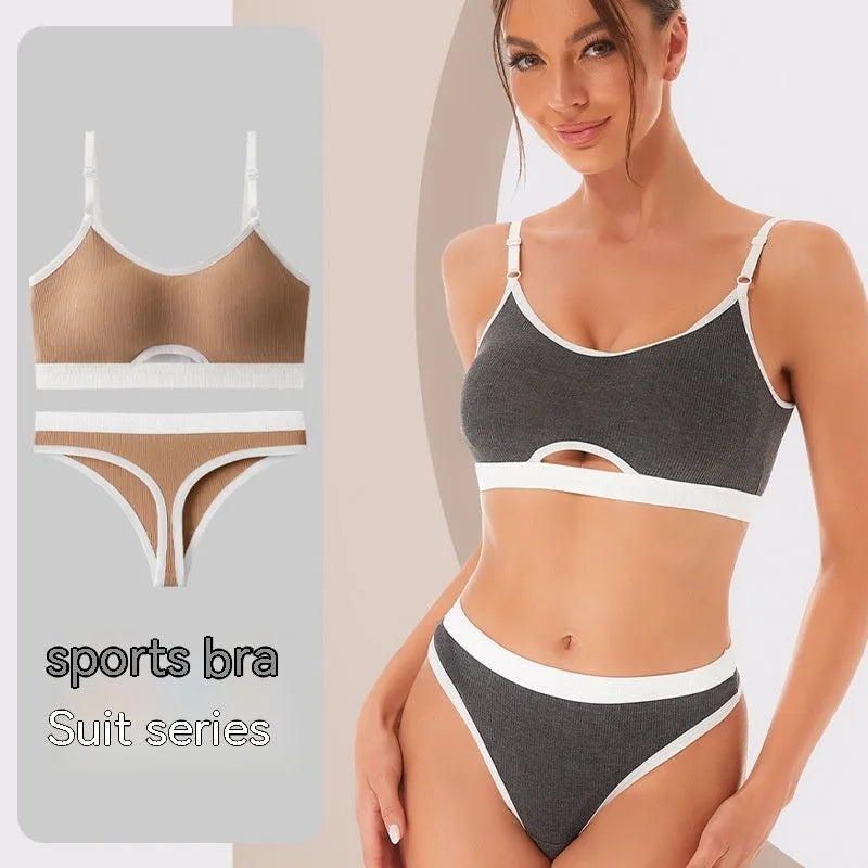 Women's white underwired cotton sports vest set with built-in bra and matching panties