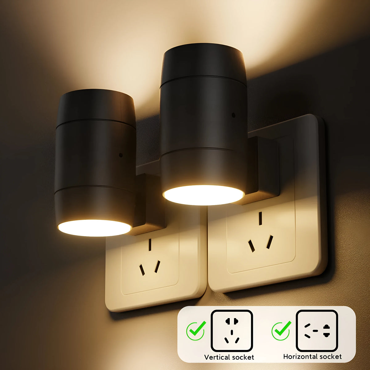 Small white plug-in night light with adjustable dial and rotatable head shown in a UK power socket.