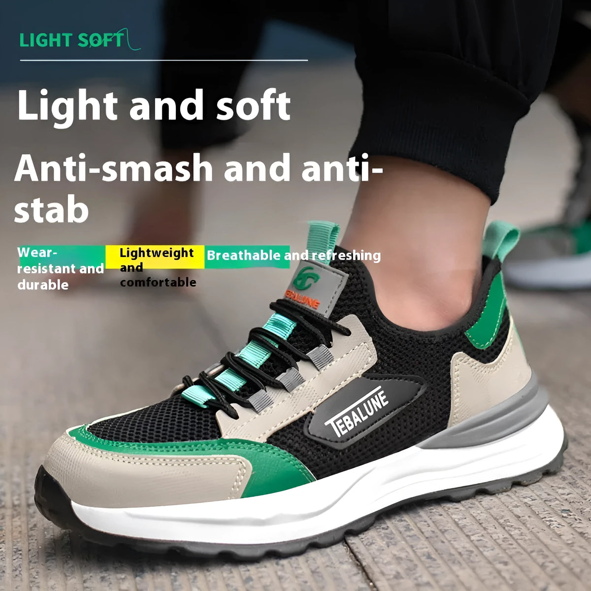 Black green safety shoes with plastic steel toe and mesh upper panel