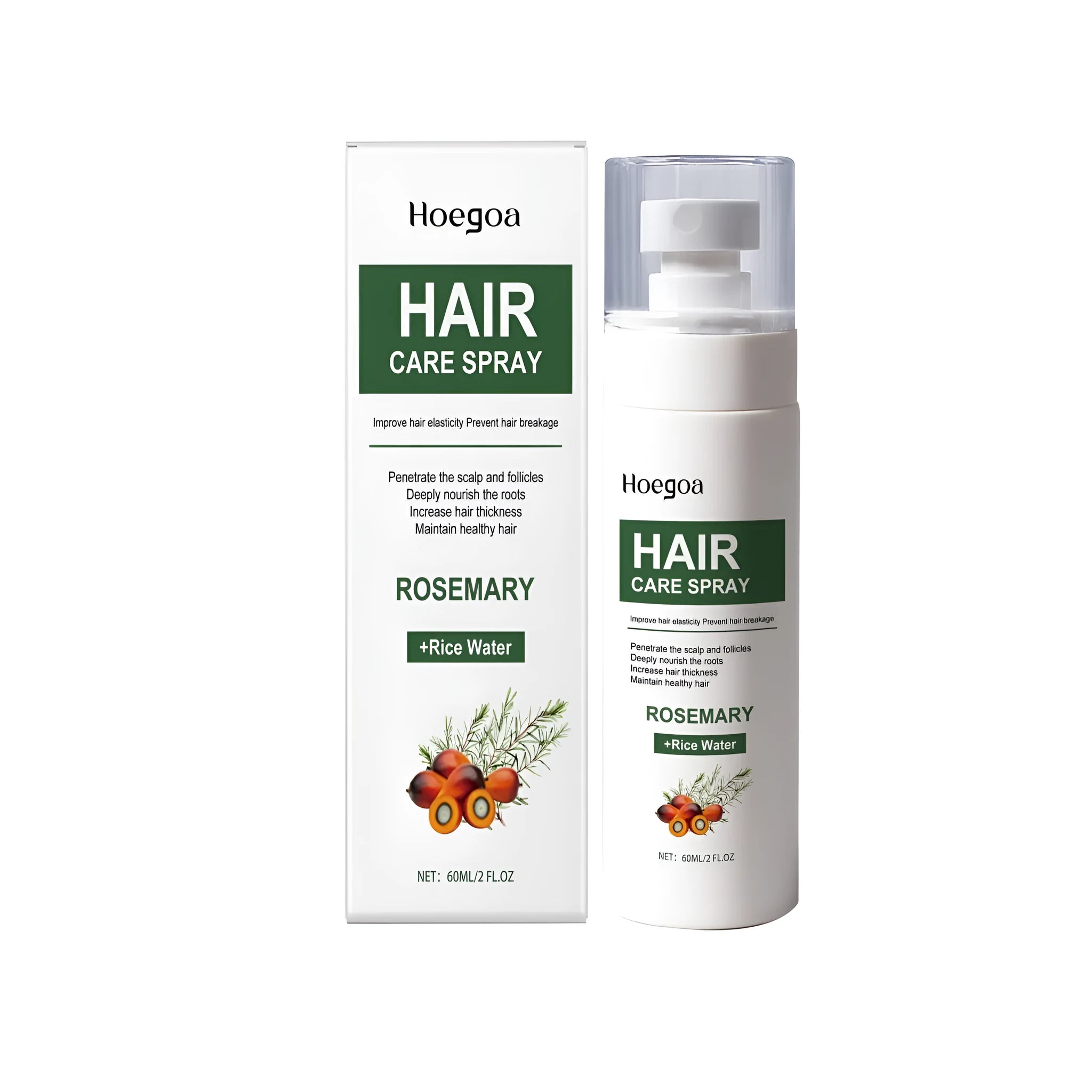 60ml rosemary hair care spray bottle with botanical ingredients including vitamin E and herbal oils
