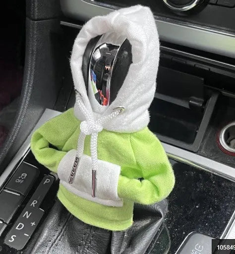 Polyester car gear lever hooded cover in red and white colour combination showing 12x13cm dimensions