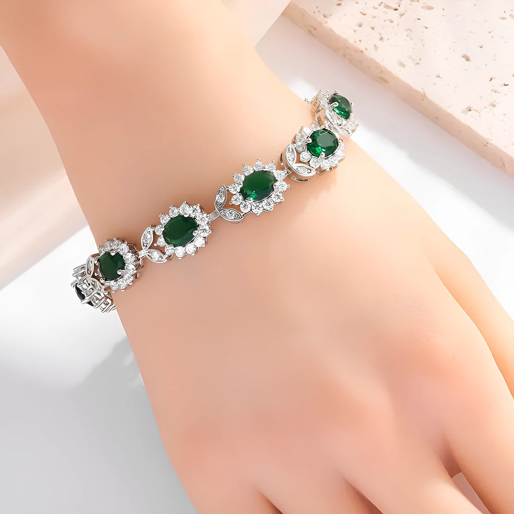 Women's simple zircon bracelet with coloured gemstone settings on electroplated environmentally friendly alloy