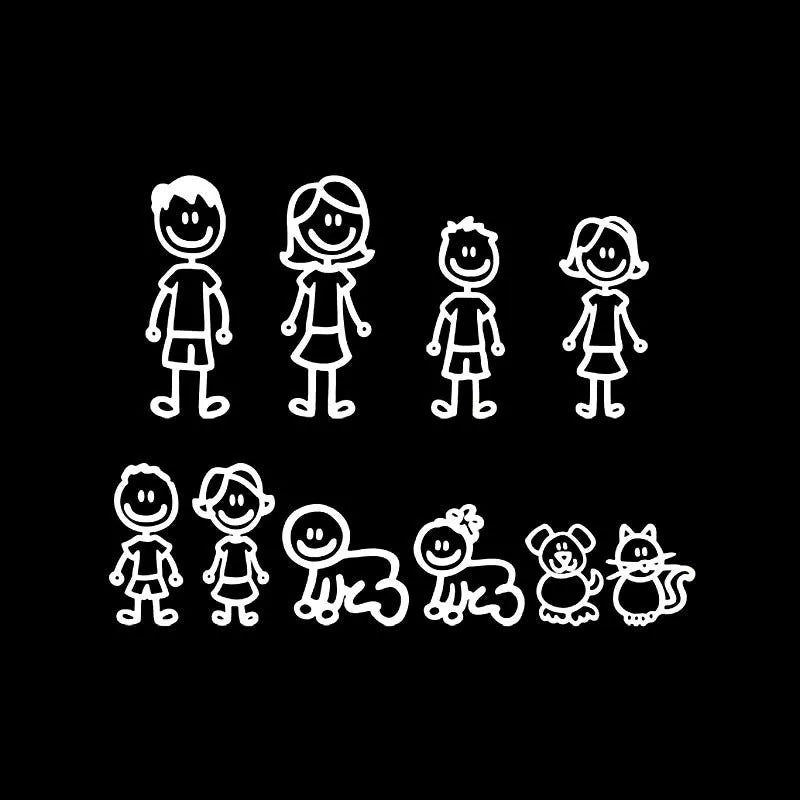 Big family cartoon car sticker, PET decal, 38.3cm by 29.5cm, in black white or laser