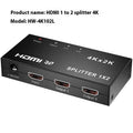 HDMI splitter device with one input and two output ports, shown with USB power cable.