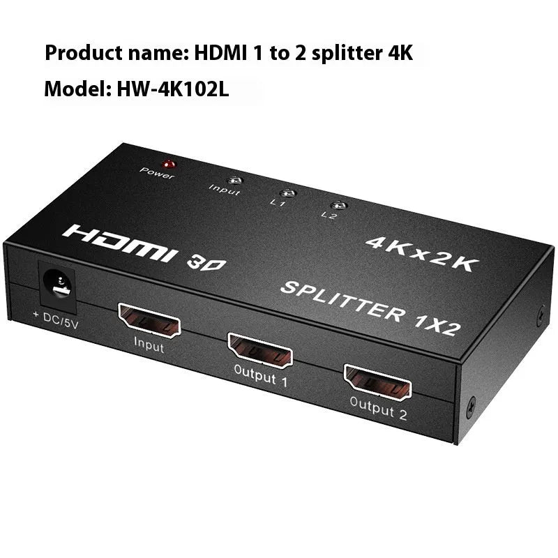 HDMI splitter device with one input and two output ports, shown with USB power cable.