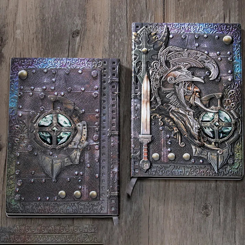 A5 leather notebook with embossed 3D warriors design on the cover, shown in bronze colour.