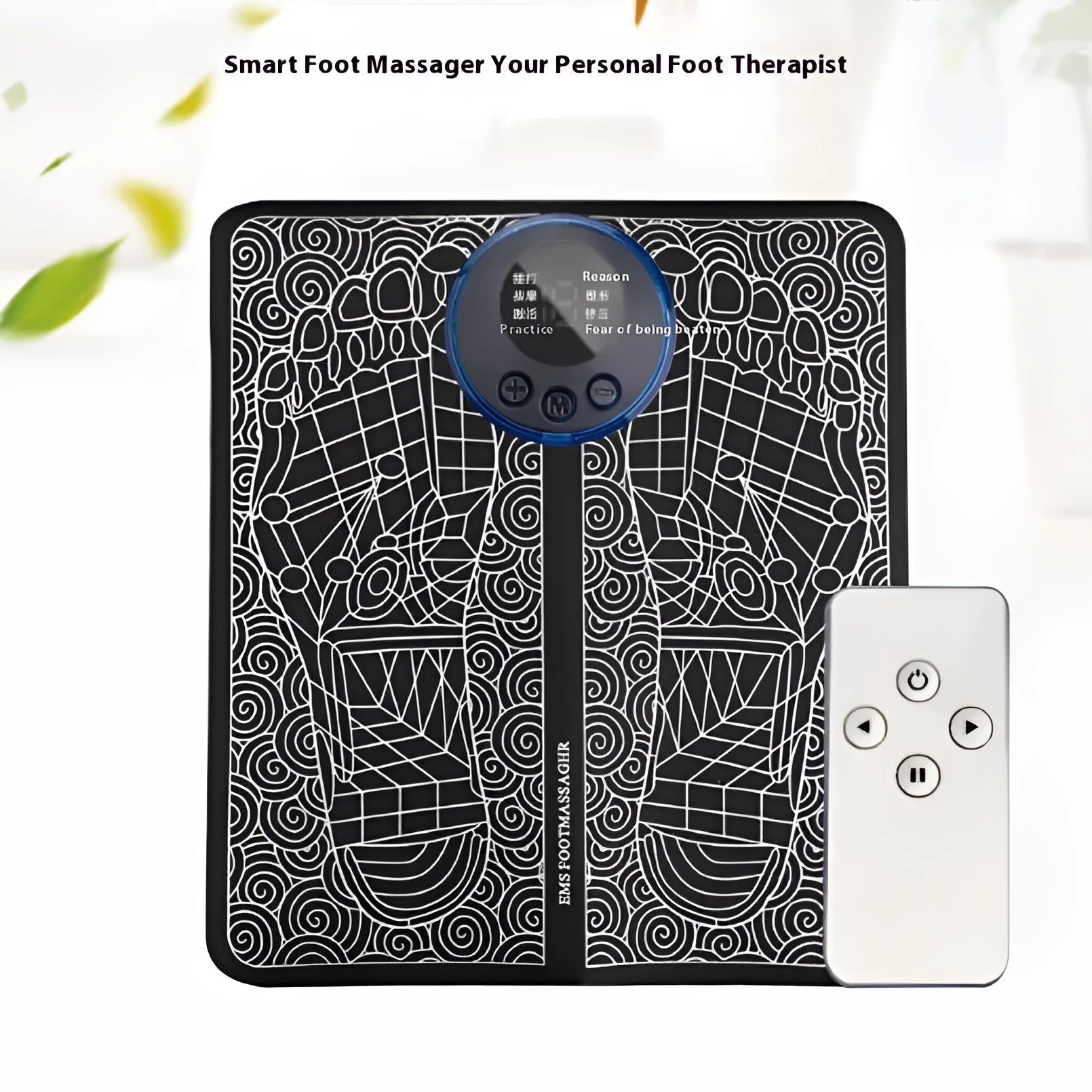 Wireless remote control foot massage cushion with LCD display and leather surface in English-style colour