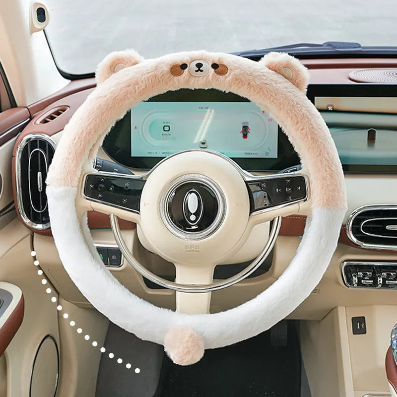Plush winter car steering wheel cover with rabbit fur embroidered cartoon animal design, 38cm fit.