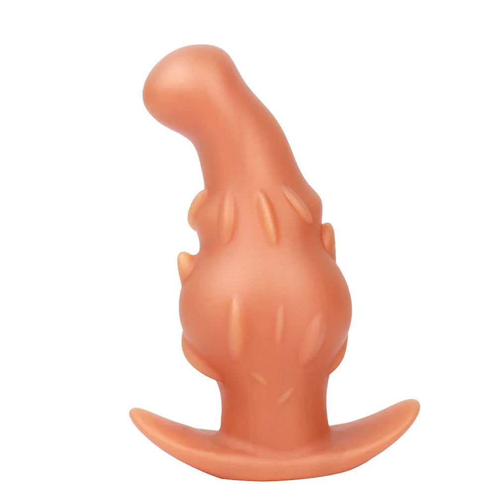 Black, gold and purple wearable silicone adult masturbator toy shown in sizes S, M, L, and XL.