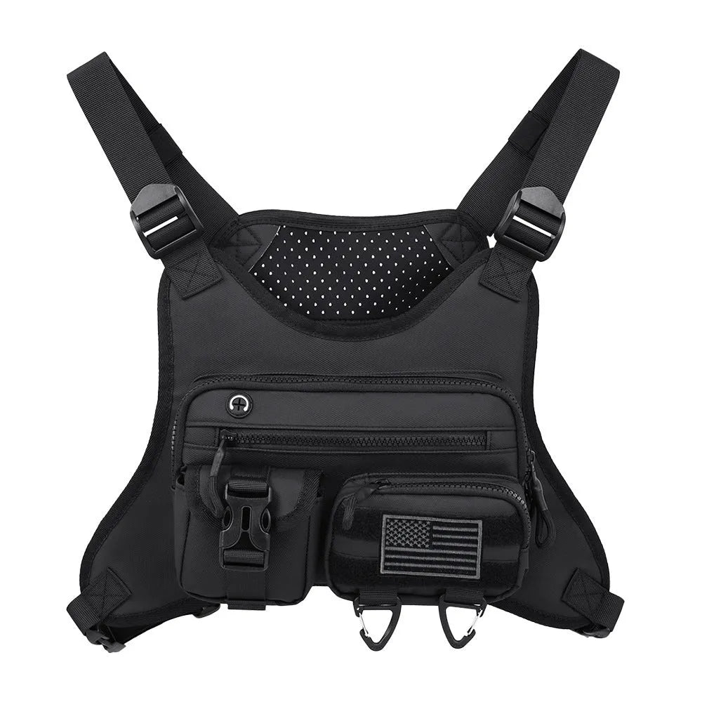 Men's outdoor sports chest bag in oxford cloth, shown in black, grey, and blue colour options.