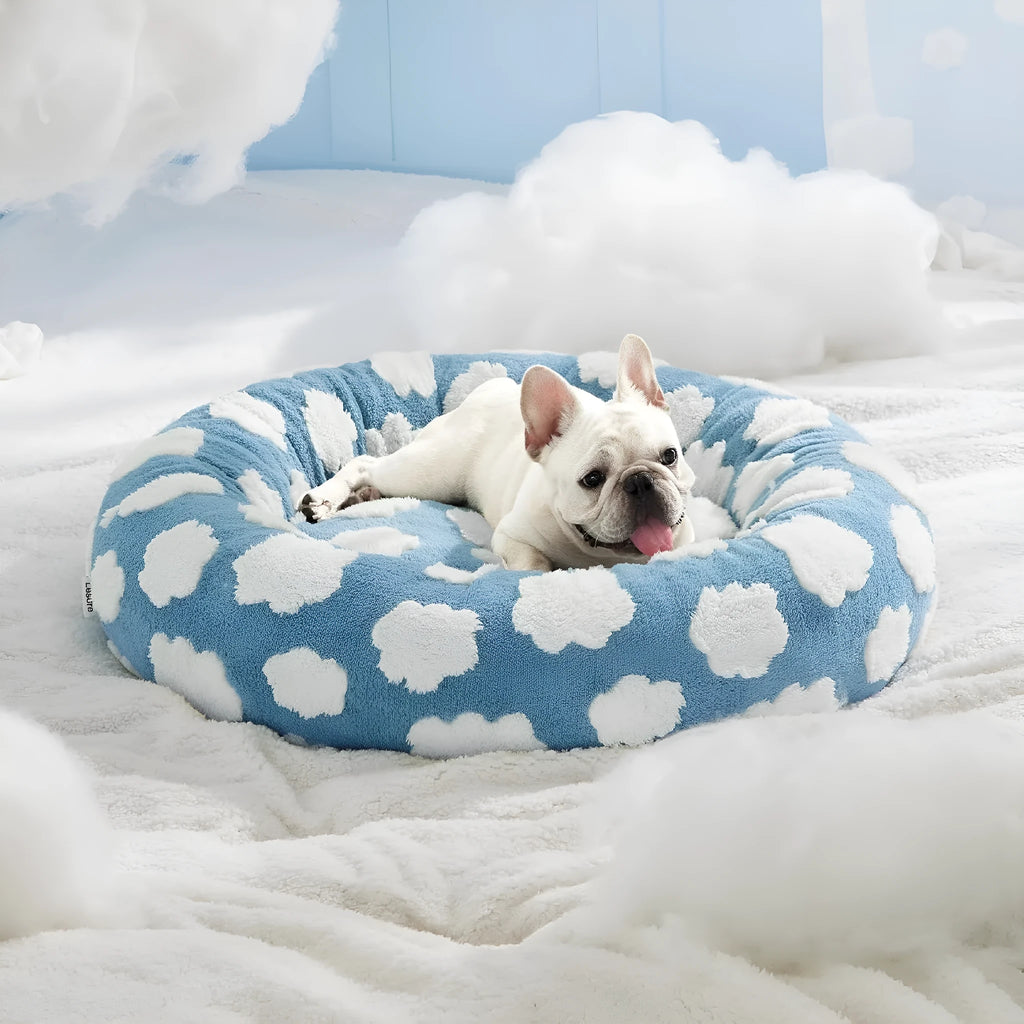Round plastic dog bed with plaid cushion available in multiple colours and four size options
