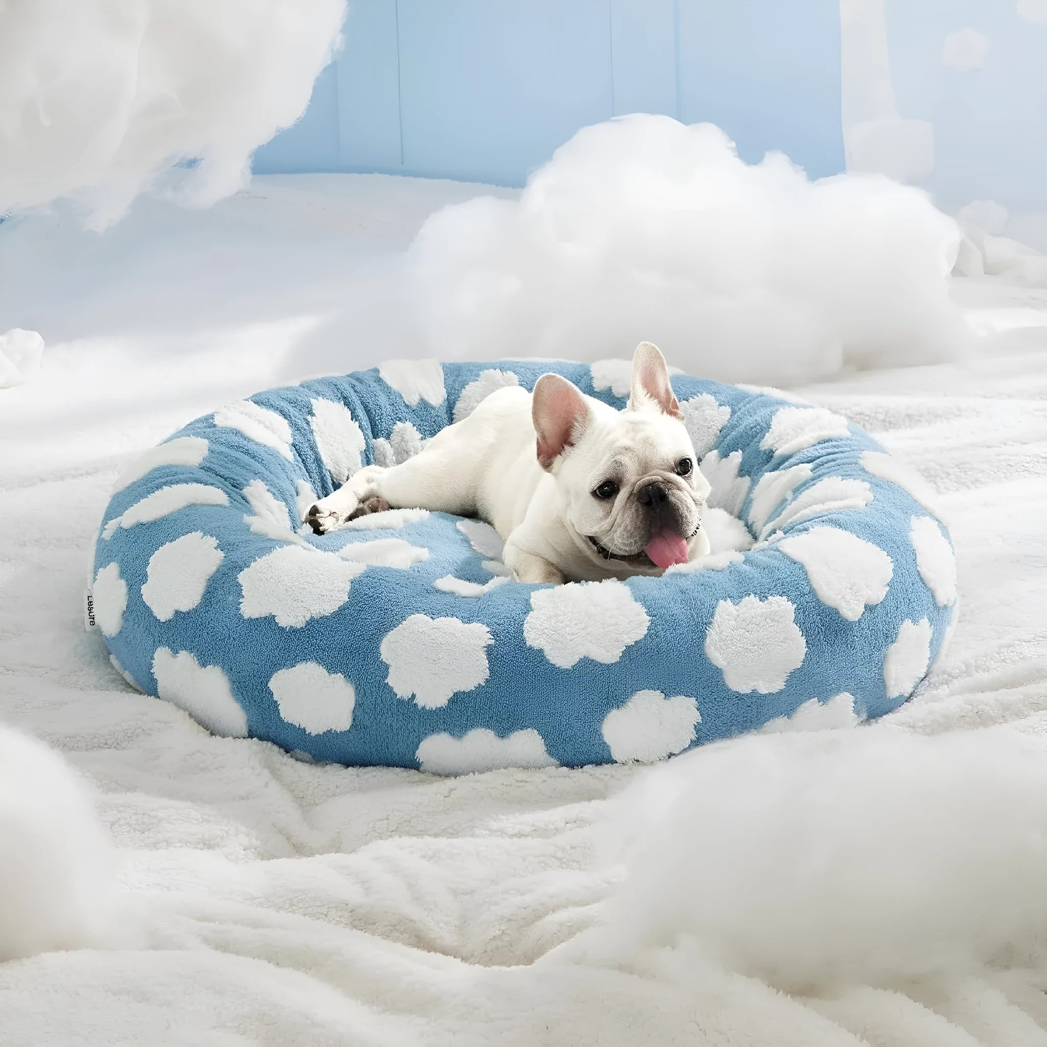Round plastic dog bed with plaid cushion available in multiple colours and four size options