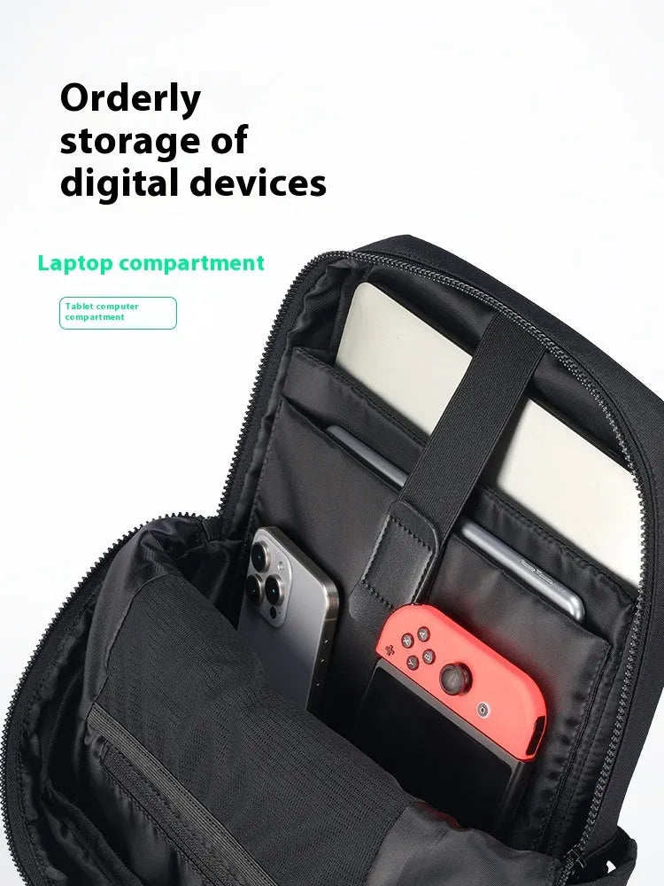 Elegant Black Oxford cloth computer backpack with a 20-35 litre capacity and polyester lining.