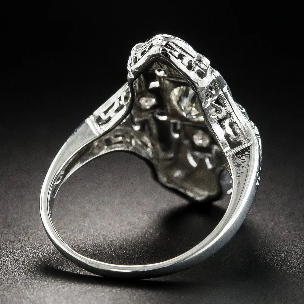 Hollow out geometric copper ring with diamond-studded detailing and silver electroplated finish